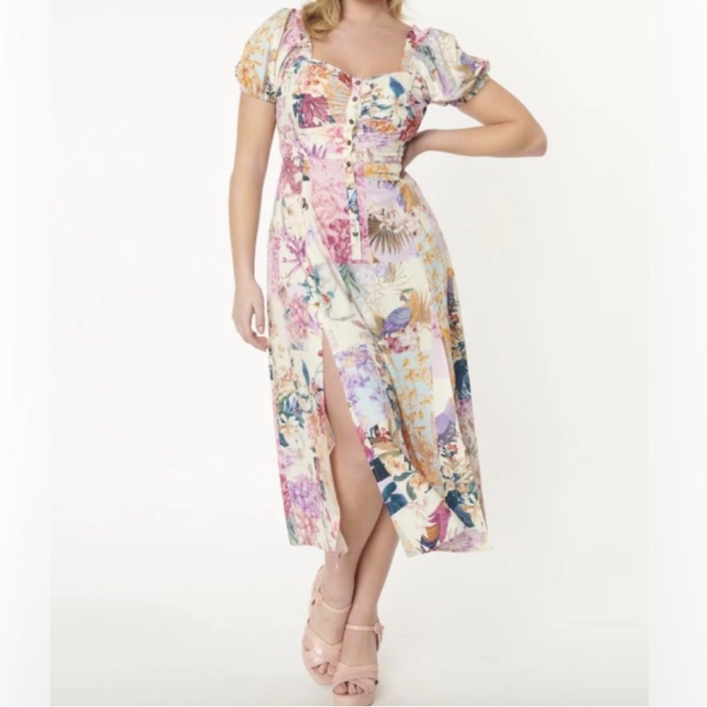 Unique Vintage Multicolored Floral Parrot Wild Hearts Run Free Midi Dress NWT Mv